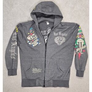 Ed Hardy by Christian Audigier Tattoo Graphic Y2K Zip Up Hoodie Grey Tiger XXL